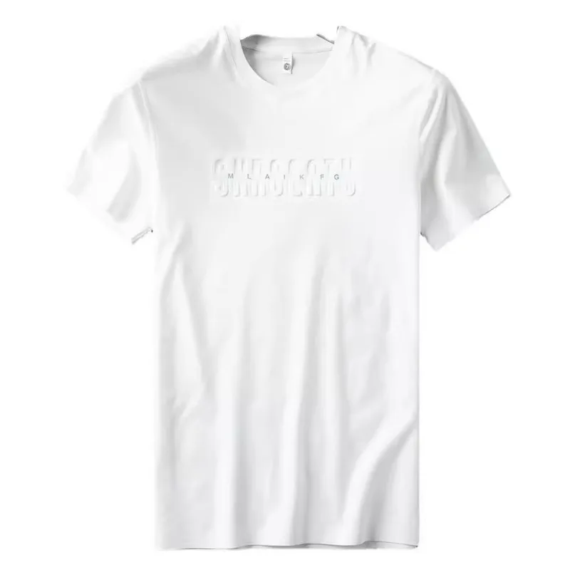 Summer thin silk cotton white t-shirt for men with short sleeves, slim fit, round neck, high-end European products, raised