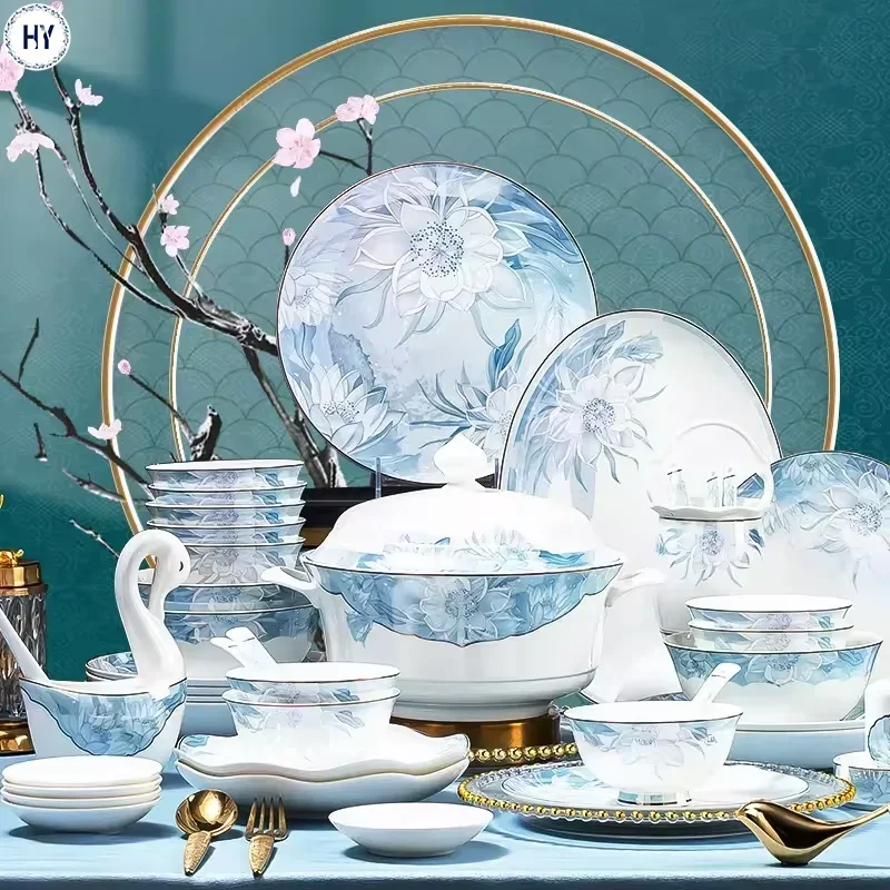 

2024 Ceramic Plates Sets Dinnerware Tableware,European Kitchen Elegant Chinese Full Porcelain Luxury Tableware Set