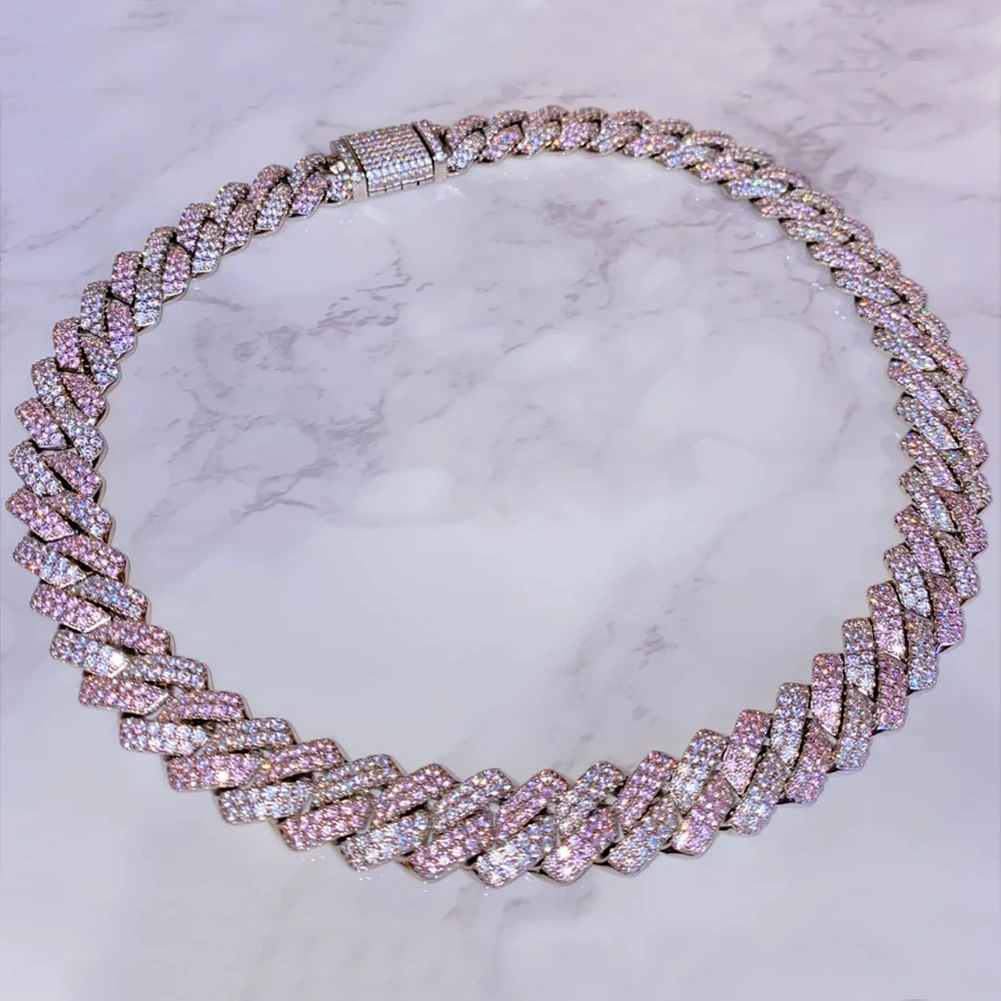 Trendy Pink Rhinestone Prong Cuban Link Chain Iced Out AAA 14MM Cuban Chain Necklace For Men Women Hiphop Jewelry Gift Wholesale