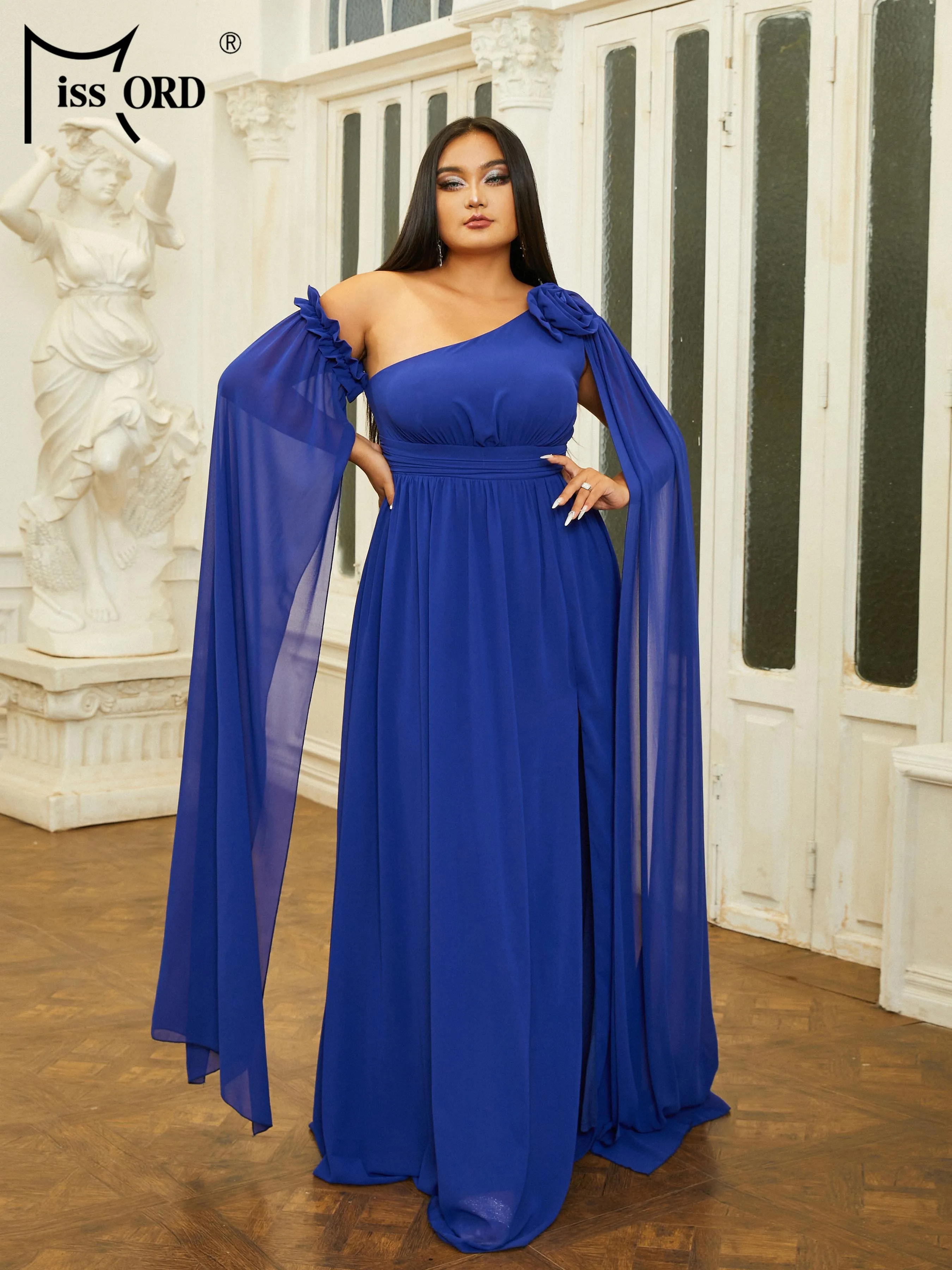 Missord Plus Size Blue Off shoulder Long Sleeved A-line Evening Gown Wedding Birthday Party Dress