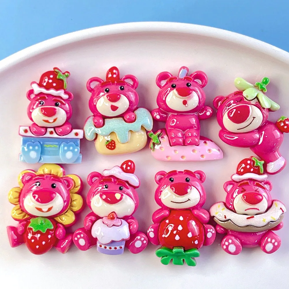 8 Pcs/Set New Cute Mini Cartoon Strawberry Bear Model Flat Back Ornament Jewelry Making Manicure Bows Cup Stationary Accessories