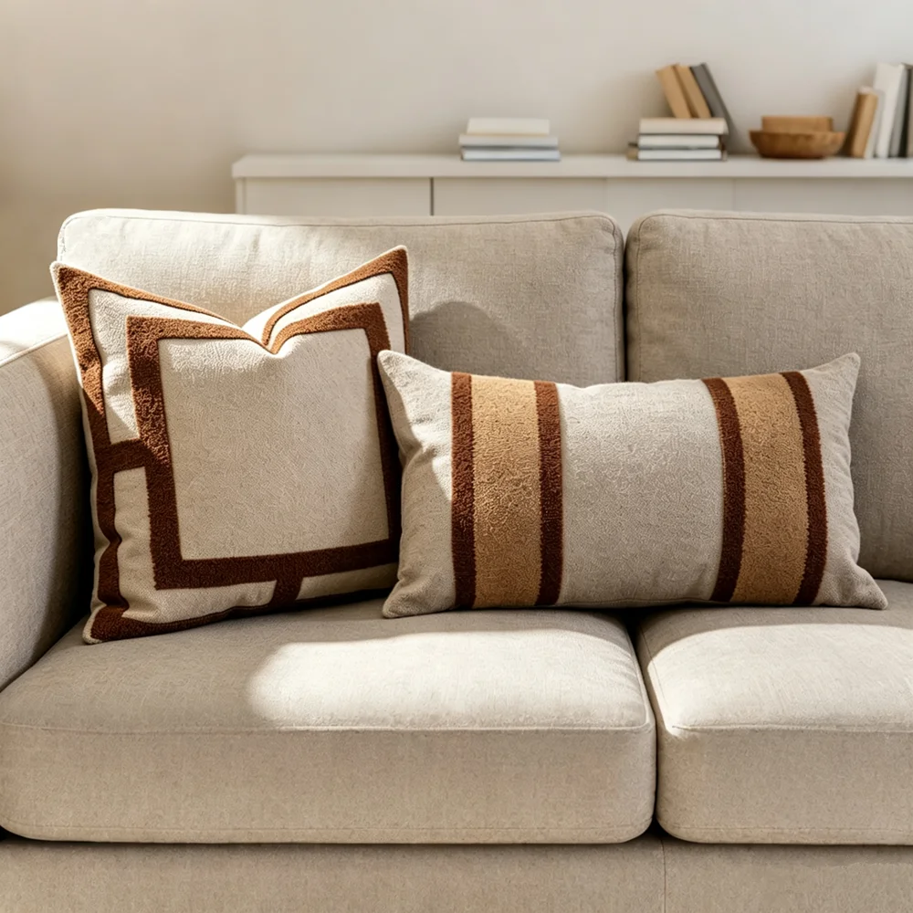 Luxury Contemporary Embroidery Geometric Neutral Chic Throw Pillow Covers Striped Tufted Cushion Cases Beige Brown 1 Piece Pack