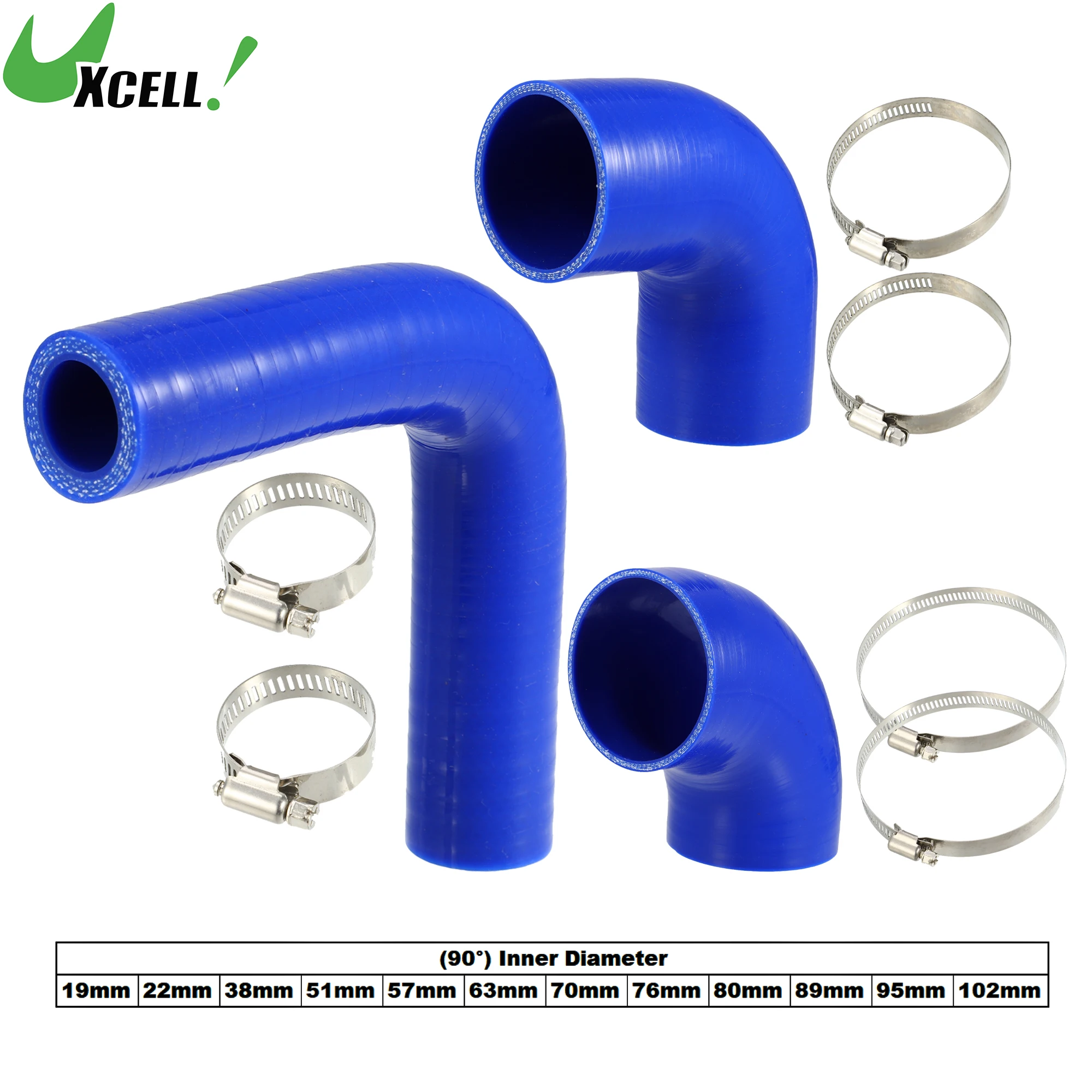 

UXCELL 19mm 38mm 57mm 63mm 76mm ID 90 Degree Elbow Engine Silicone Hose Set for Car Intercooler Intake Piping with 2 Clamps