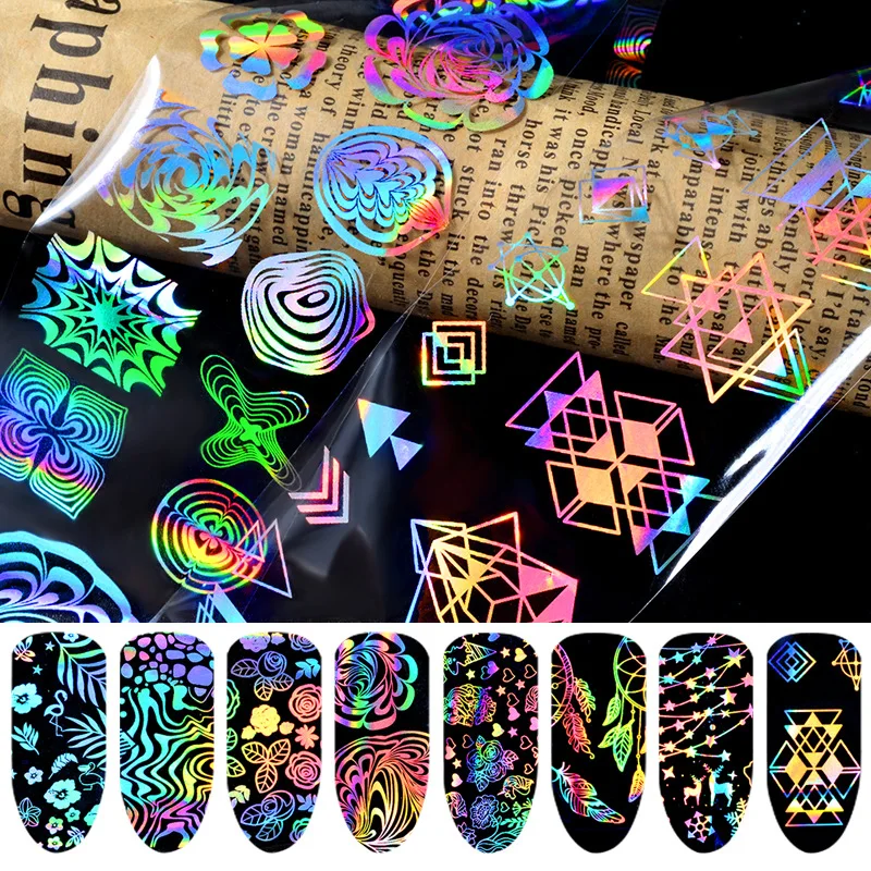 8 adet holografik renkli tırnak çıkartmaları pırıltılı lazer Nail Art transferi folyo yıldızlı gökyüzü çıkartması manikür UV jel lehçe dekor için