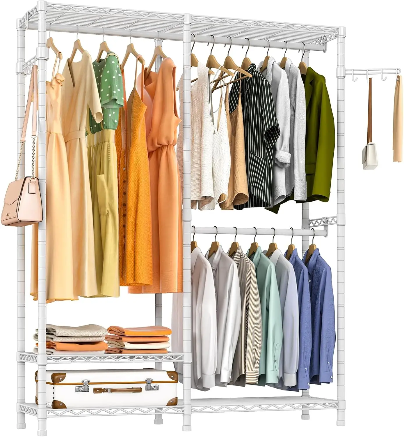 Duty Garment Rack, Metal Closet Organizers and Storage Clothing Racks 3 Tiers Adjustable Wire Shelving with 2 Hanger Rods