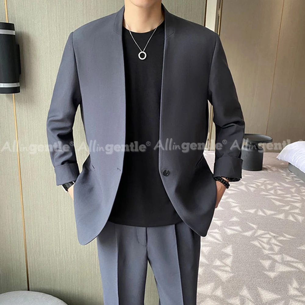 Mens Suits 2 Piece Set Classic Fit Solid Color No Collar Casual Daily Regular Fit 2 Piece Suit Men Single Button