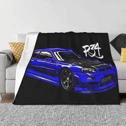 Nissan Skyline GT-R R34 Blue All Season Home Bed Fleece Throw Blankets Bedspread Fluffy Kids Comforter Covering Plaid Blankets