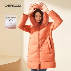 Chericom-abrigos de invierno para mujer, chaqueta con capucha y Cuello de piel extraíble, chaqueta acolchada ligera a la moda con plumón de pato 259153