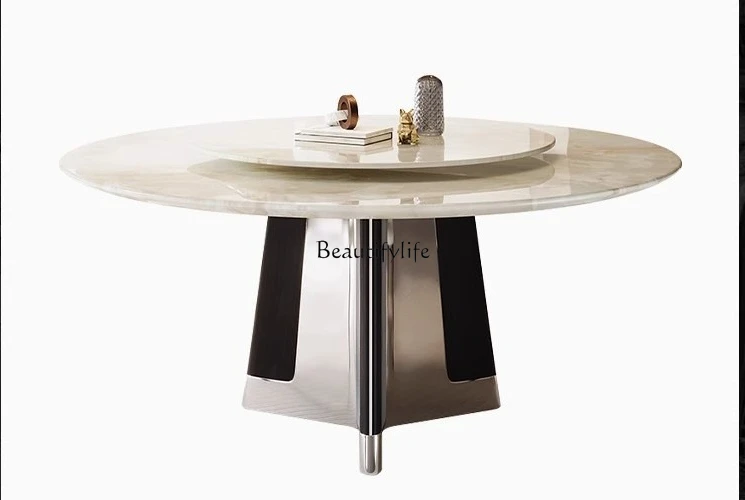 

Pure natural marble round dining table white ice jade luxury stone household round Italian minimalist high-end dining table