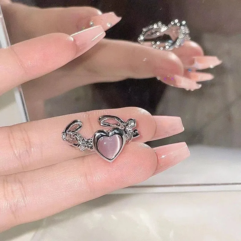 Pink Opal Heart Ring for Women Adjustable Resizable Lady Girl Gift Fashion Jewelry AAA Zircon