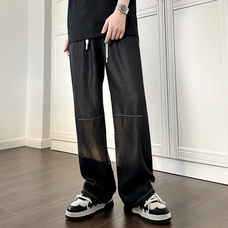

Spring Loose Ice Silk Thin Jeans Straight Leg Casual Pants Men Drapey Long Trousers Casual Sle Cotton Blend Fabric