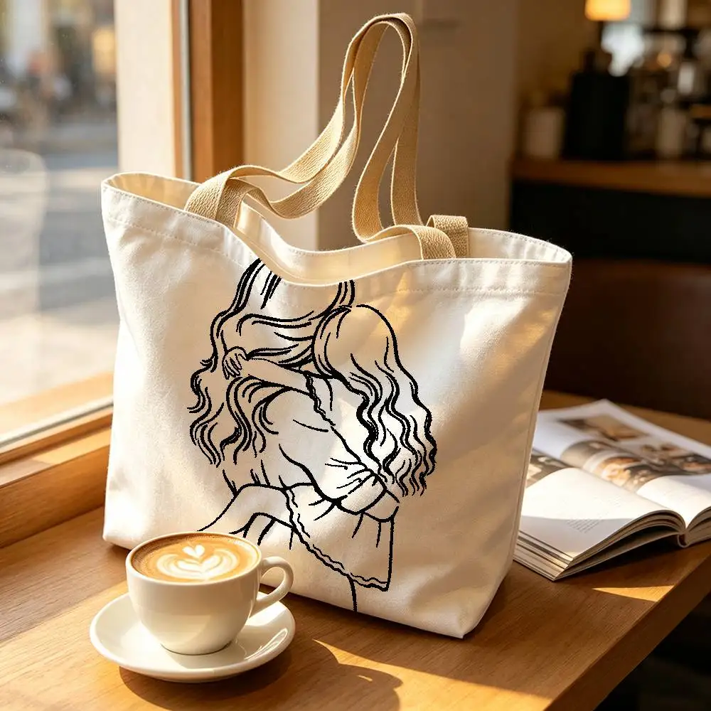 Black Line Drawing Mom and Dad Daughter Print Bag Eco Shopper Cotton Jute Bag Reusable Bag Foldable Reusable Sac Tissu