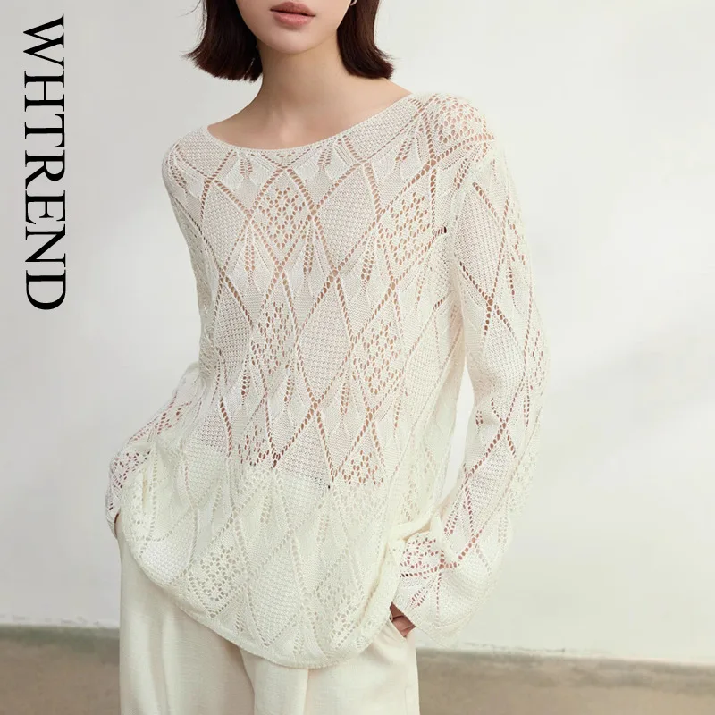 

WHTREND дизайнерский полый вязаный свитер, верхняя одежда, женский тонкий трикотаж с длинными рукавами, осень 2023, новый модный топ WH2023
