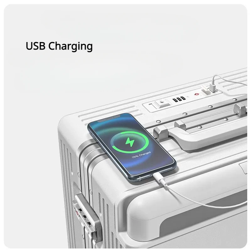 Aluminum Framed Boarding Suitcase of 20‘24’26‘28’ Inch Wide Handle Luggage with Laptop Mesh and USB Charging Front-open Trunk