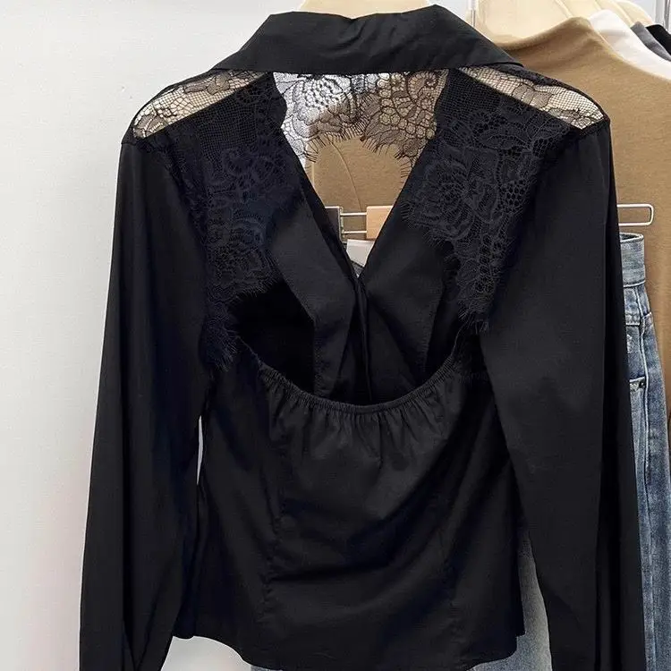 

Retro Lace Splice Long Sve irt Women's Summer New Design Unique Ele Beautiful ort Top Korean Sle Loose Fit