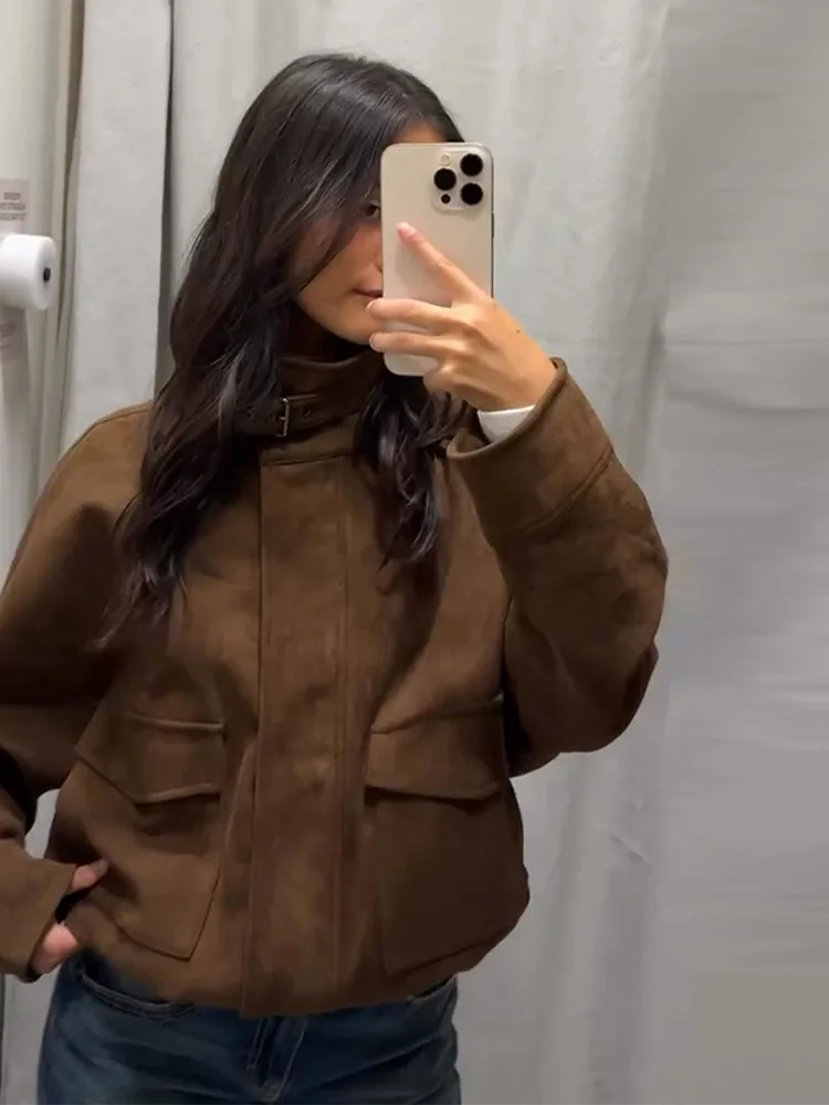 

Lady Outwear Vintage Suede Jacket Women Solid Full Sleeve Stand Collar Zippers Single Breasted Pockets Coats