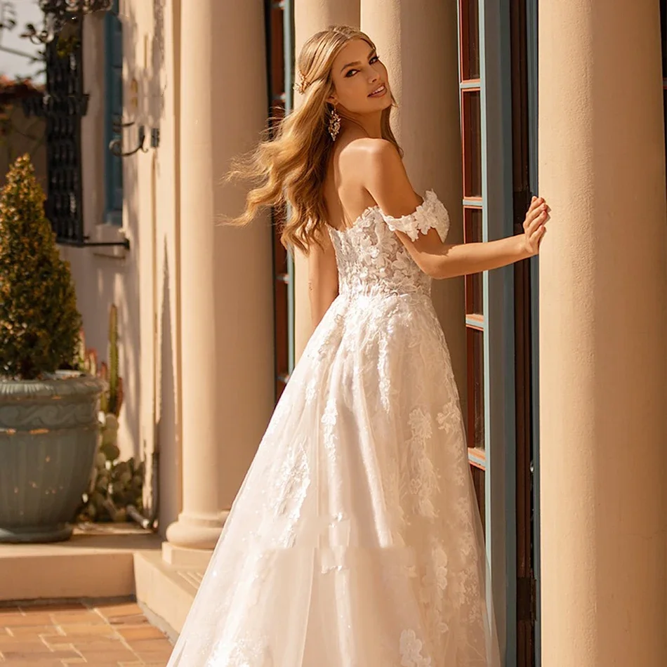 Flavinke Personalizzato A-Line Abiti da sposa Donna Sweetheart Cap Sleeve Appliques Paillettes Flowy Abito da sposa Abiti da sposa