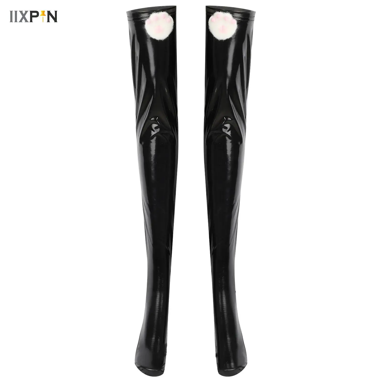

Glossy Patent Leather Thigh-high Stockings Cute Cat Paw Anime Style 3D Kitten Claw Socks for Cosplay Party Lolita Costumes Props