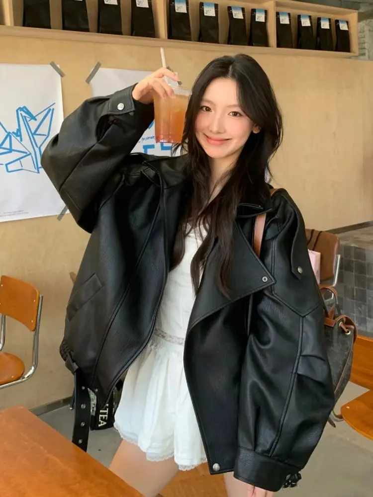 Retro American Bla Jaet Leather Coat Women's Spring Autumn New Faion Loose ort Motorcycle Cool Wind Outerwear Top