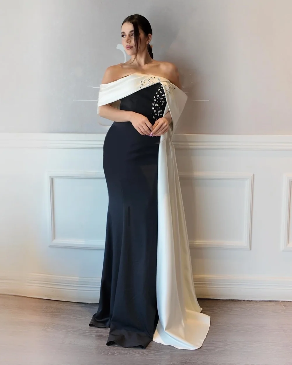 

Customized High Quality Exquisite Jersey Draped Rhinestone Mermaid Off-the-shoulder Long Dresses Bespoke Occasion Dresses Sexy