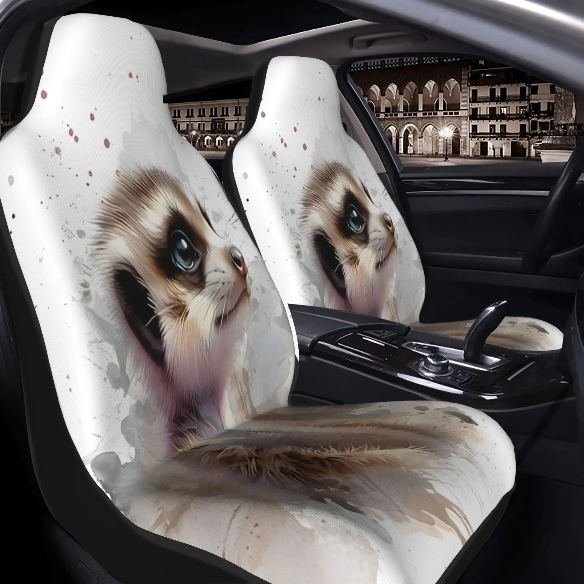 2pcs Watercolor Portrait Of A Curious Meerkat Against Splashed Backgroundcar Seat Covers, Suitable For All Vehicles, Christmas G