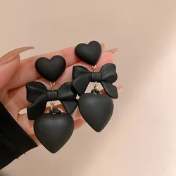 Heart Black Bow Earring for Women Design High-end Dangle Earrings Elegant New Fashion Solid Color Charm Jewelry