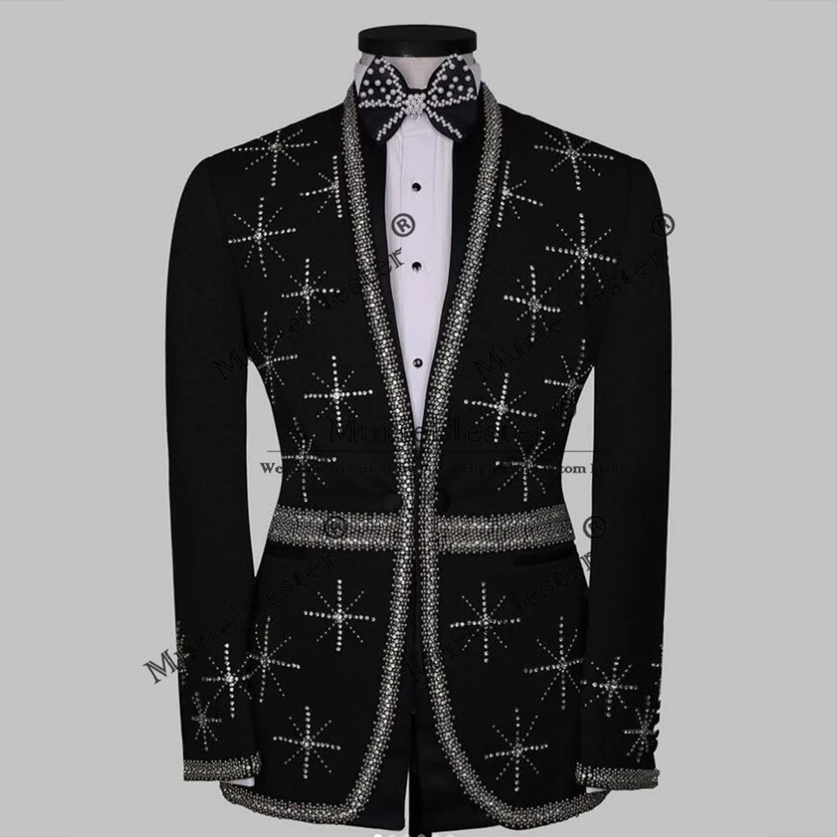 

Sliver Beaded Stones Tuxedo Suits For Men Single Breasted Jacket Pants 2 Pieces Man Banquet Party Groom Wedding Dress Customized