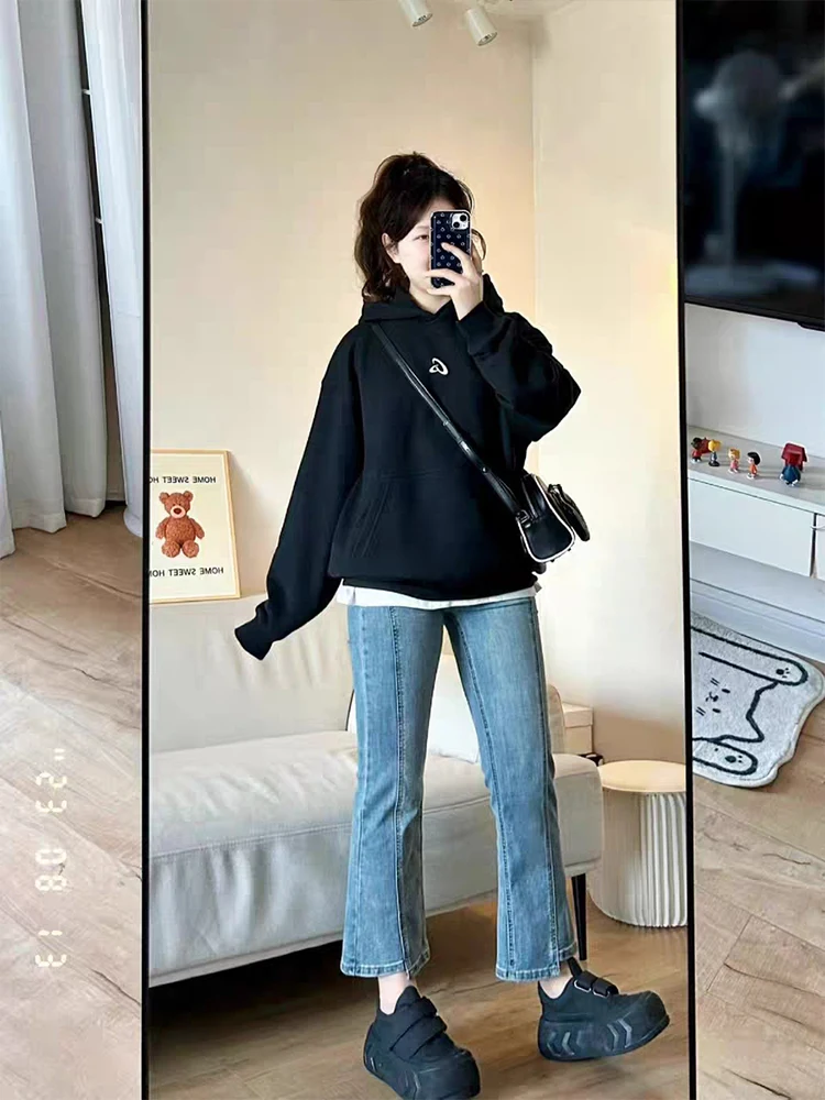 

High Waist plus Size Denim Jeans Women's Spring Autumn Slimming Pear ape Elastic Nine Points Micro Flare Pants Vintage Sle