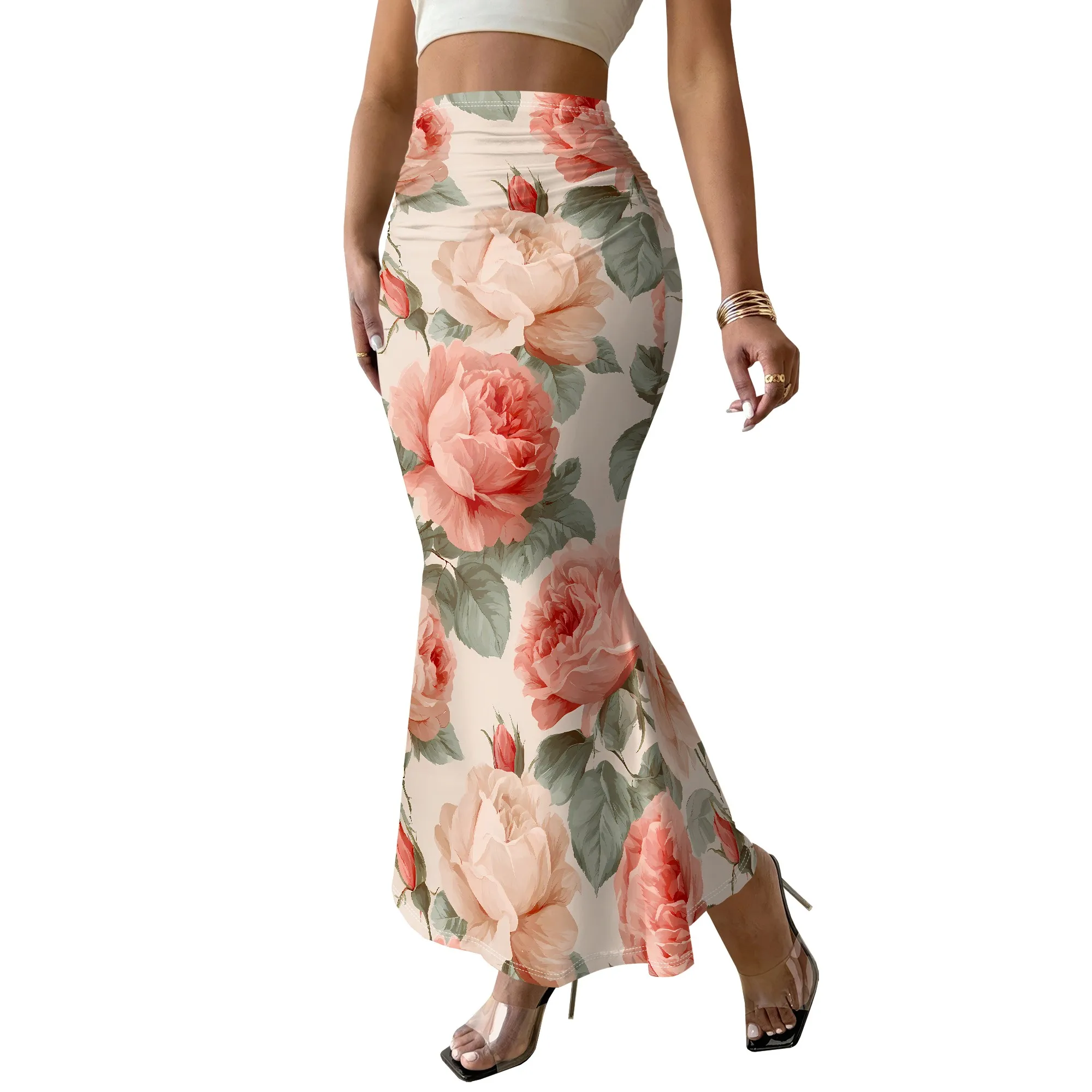 Floral Mermaid Skirt, Rose Print Midi Skirt, High Waist Bodycon Skirt, Elegant Summer Beach Wear for Women, S-2XL