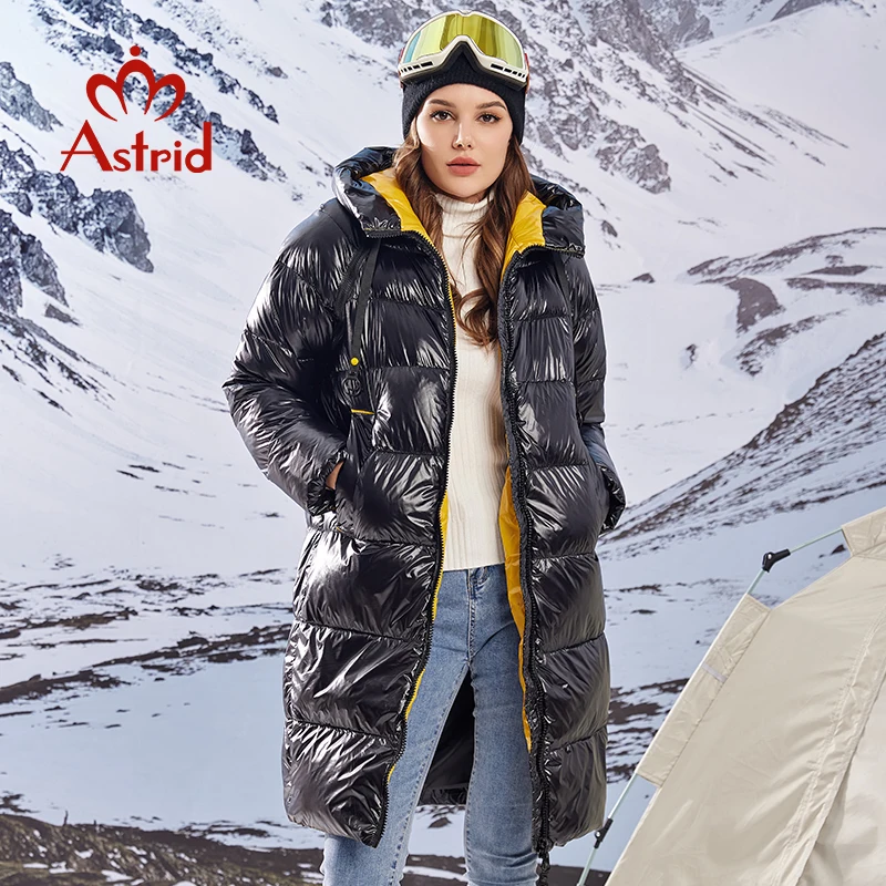 Astrid 2023 Winter Parka for Women Down Jacket Warm Bright Long Coat Fashion Hooded Large Sizes Padded Overcoat Female Clothing