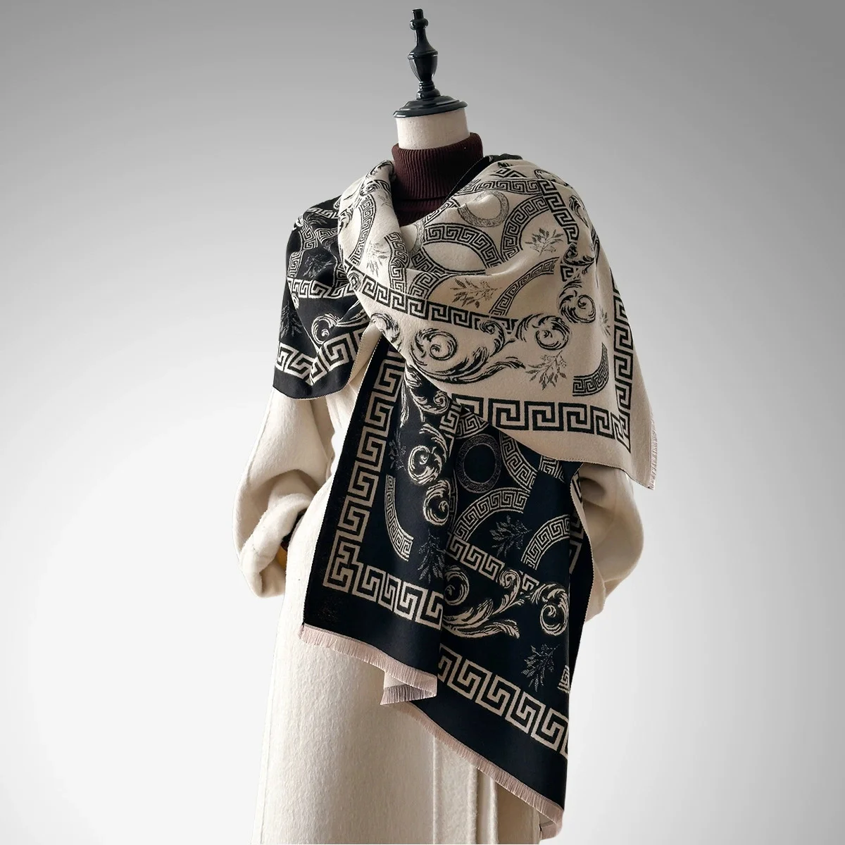 

Fashion Women's Winter Faux Cashmere Scarf Vintage Print Tasseled Design Warm Shawl Trendy Wrap Perfect For Cold Winter Days