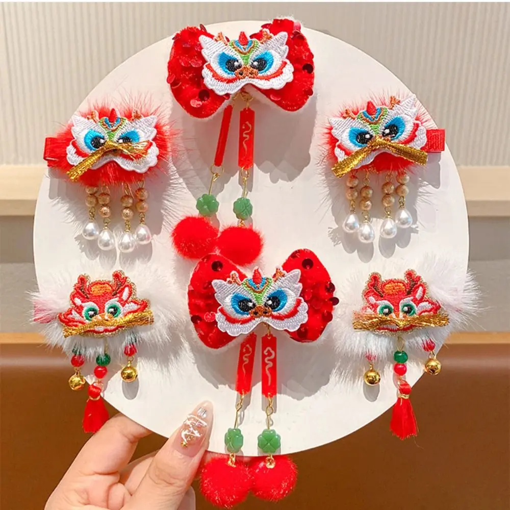 Bordado crianças vermelho hairpin leão dança borla ano novo chinês headwear menina acessórios para o cabelo do bebê hanfu grampo de cabelo