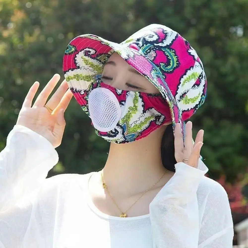 Outdoor Floral Tea Picking Cap Wide Brim with Breathing Hole Mask Sun Visor Cap Neck Protection Anti-UV Sun Hat for Women 4