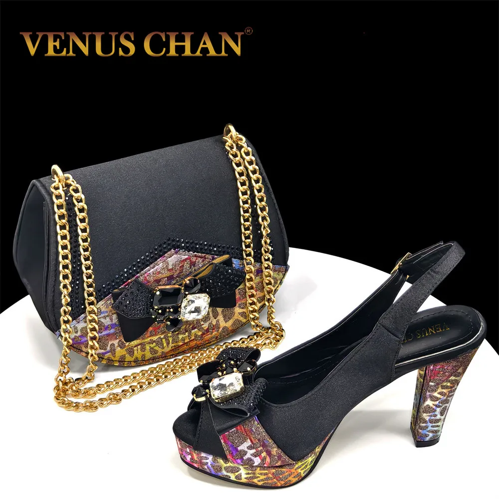 Venus Chan 2024 Newest INS Style Black Color Elegant Women High Heels Nigeria Popular Designer African Ladies Shoes And Bag Set