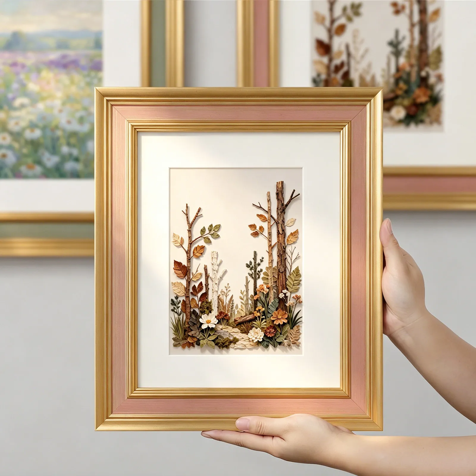 Blush Pink & Champagne Gold Solid Wood Frame Stepped Bevel Gallery Frame for Flower Art Botanical Prints French Cottage Home Dec