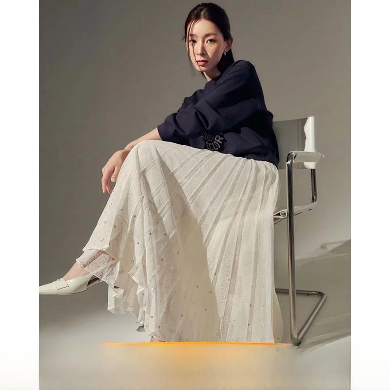 

Повседневная плиссированная юбка с жемчугом и эластичной резинкой на талии, универсальная утягивающая юбка с жемчугом для женщин