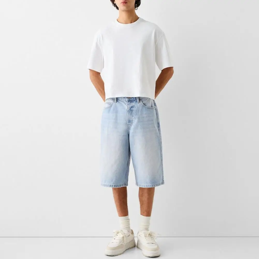 

Denim Fabric Jeans Stylish Men's Mid-rise Denim Shorts with Button Zipper Fly Straight Wide Leg Design for Summer for Men