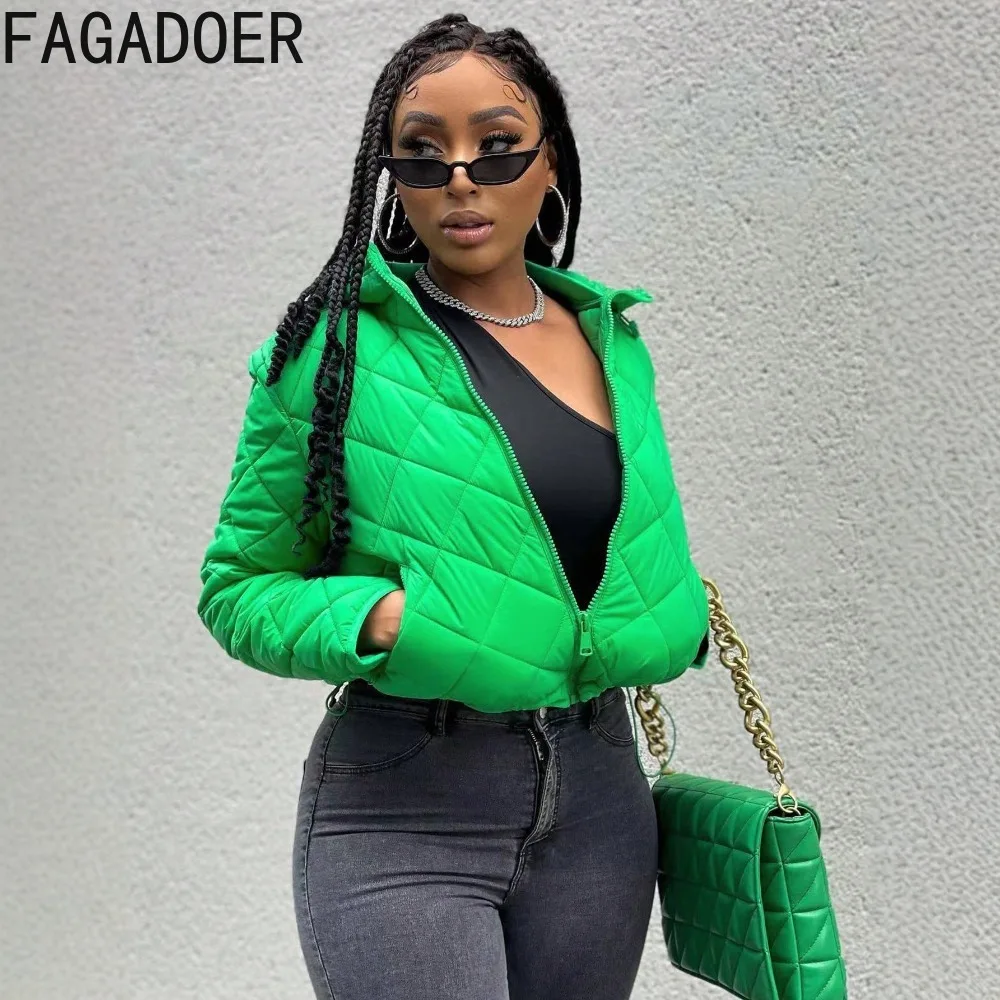FAGADOER Autumn New Fashion Drawstring Patchwork Coat Jacket for Women Green Zip Long Sleeve Hooded Crop Top Female Streetwear