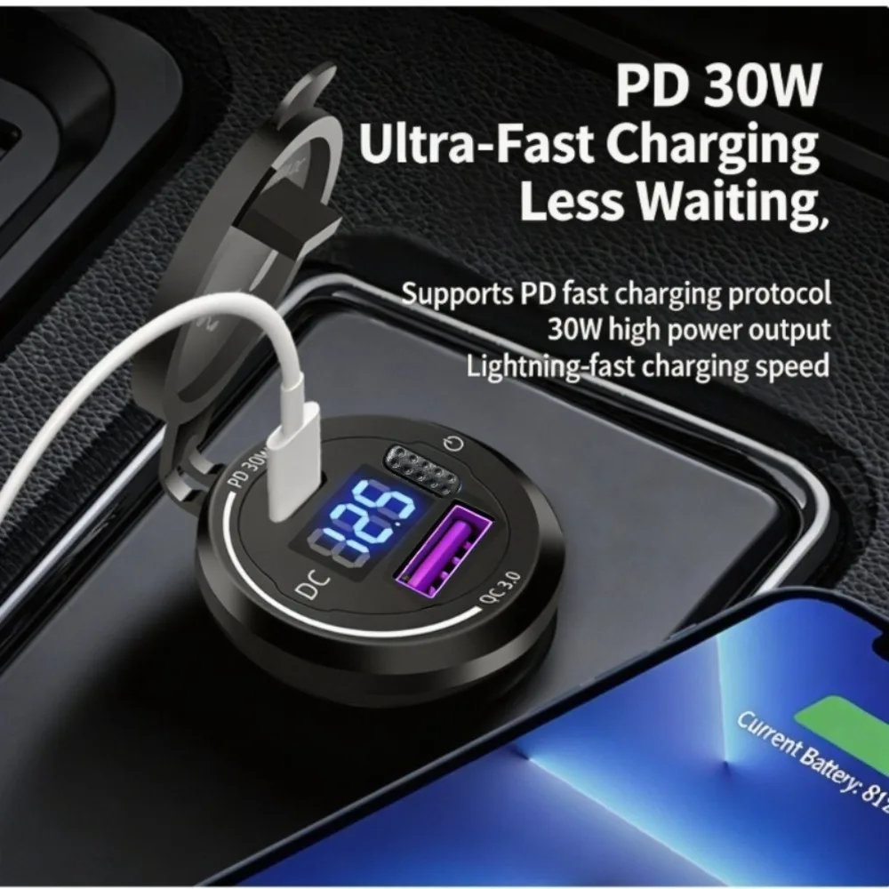 30W PD QC3.0 Dual USB Car Charger with LED Voltmeter – Waterproof 12V-24V Fast Charging for iPhone Android Motorcycle RV Truck