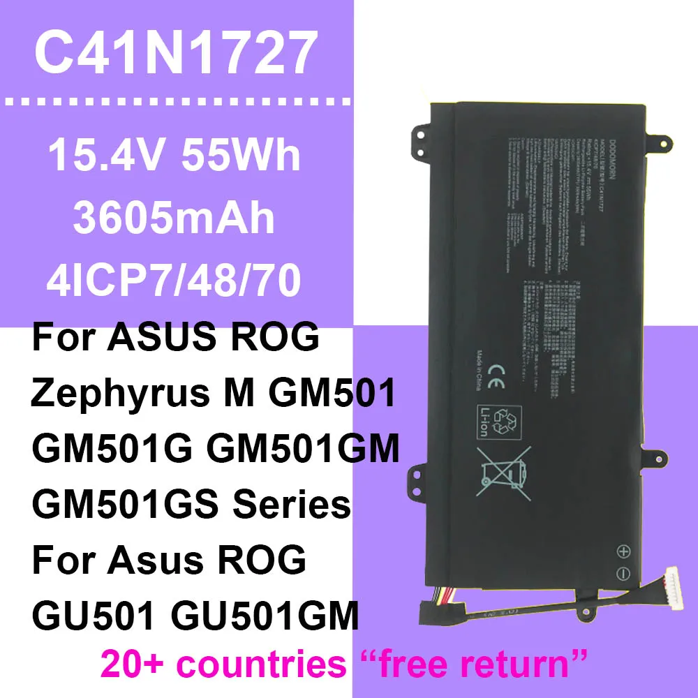 C41N1727 For ASUS  Laptop Battery ROG Zephyrus M GM501 GM501G GM501GM GM501GS GU501 GU501GM Series 4ICP7/48/70 15.4V 55Wh