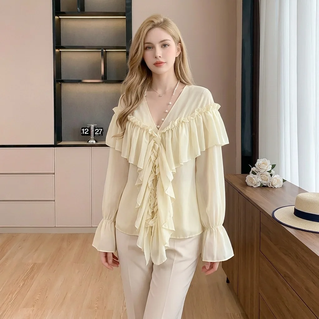 Blouses Women Shirt Ruffles V Neck Flare Sleeve Tops Y2k Streetwear Work Casual Elegant Splice Shirts Slim Fit Solid 2026 Summer