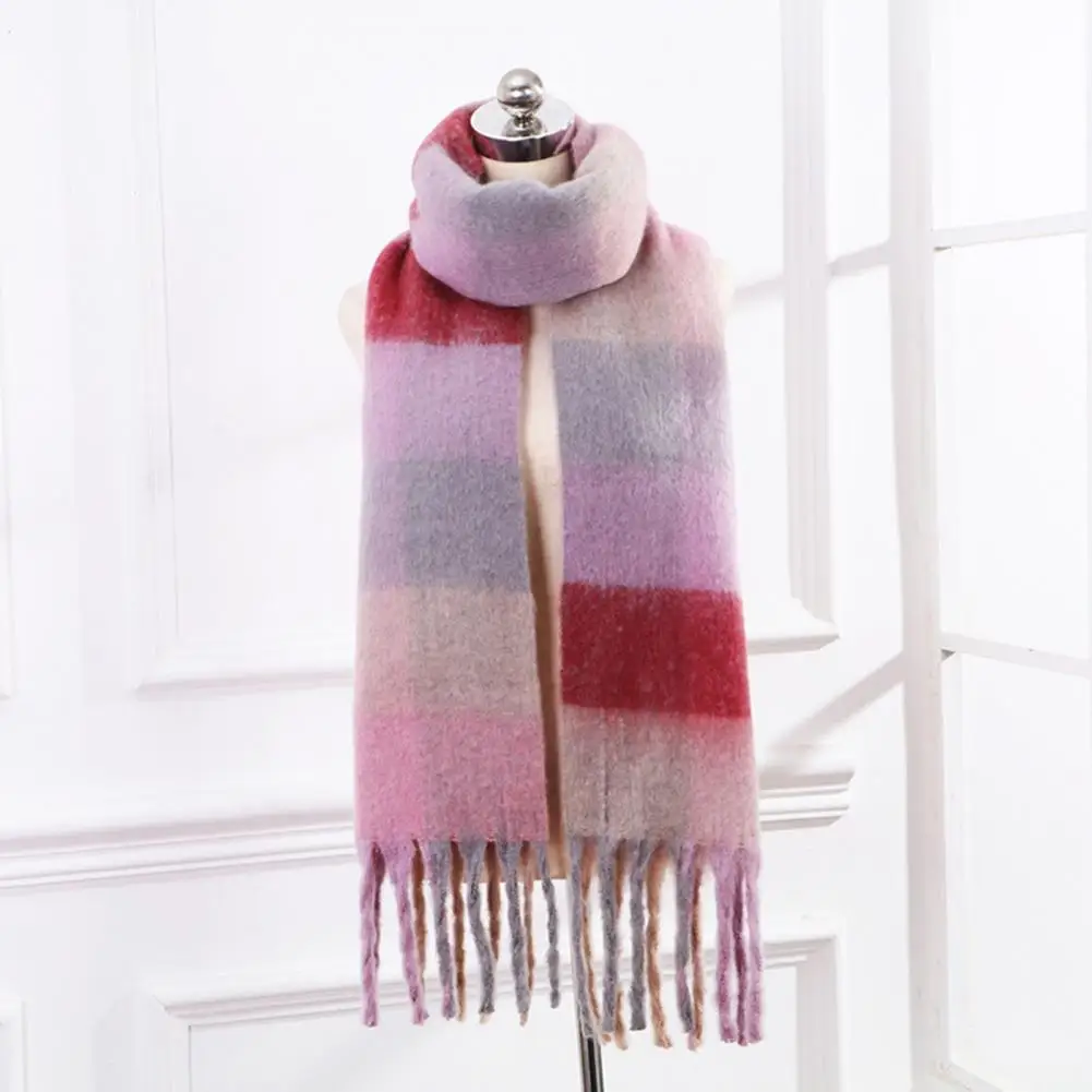 Women Winter Scarf Colorful Colorblock Tassel Decor Neck Scarf Thick Plaid Print Wide Long  Unisex Men Winter Scarf