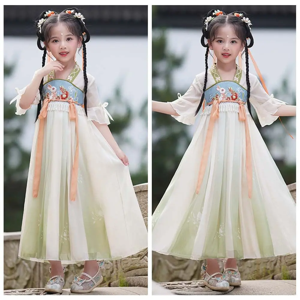 Vestido de princesa chino para niños y niñas, vestido Hanfu, danza folclórica, conejos de dibujos animados, ropa antigua china para niñas