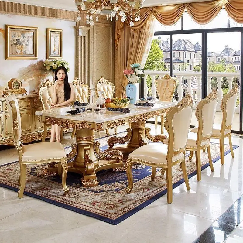 Marble rectangular court golden villa high-end dining room home solid wood carved large dining table