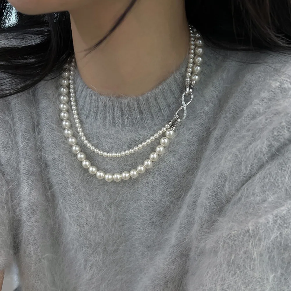 Double Layered Pearl Necklace Clavicle Chain Female Fashion Accessories Pearl Pendant Grey White Pearl Chain Beads Wedding