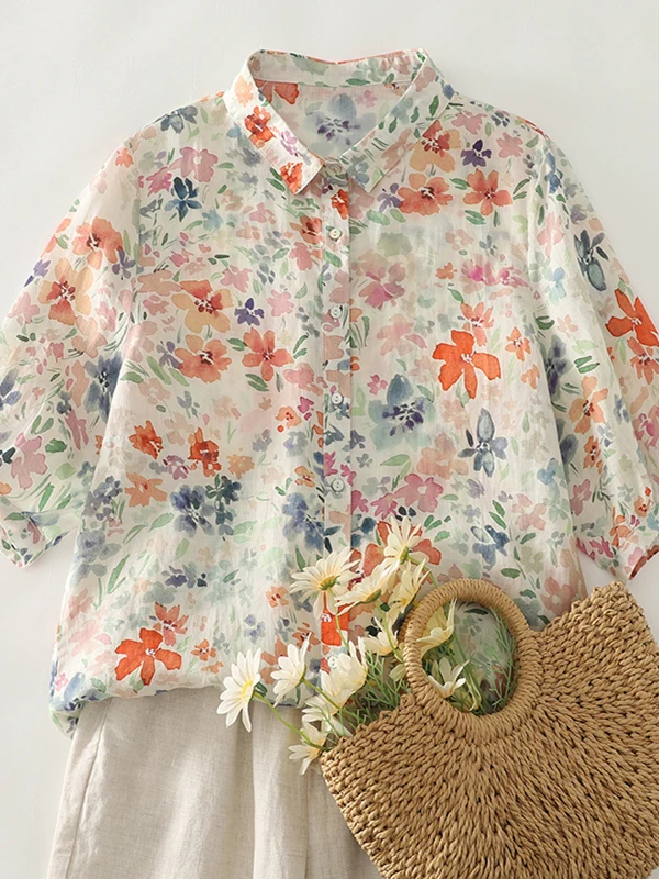 Country Sle Floral Print irt Large Size Women's Anti-Aging Flower Patterned f Sve Turn-down Collar Single Button Top