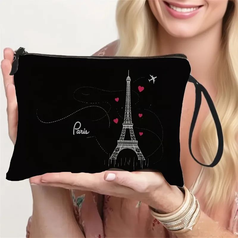 Cosmetic Bag Featuring The Eiffel Tower in Paris, with a Travel Pouch Adorned with Airplane And Heart Patterns for Organizing To