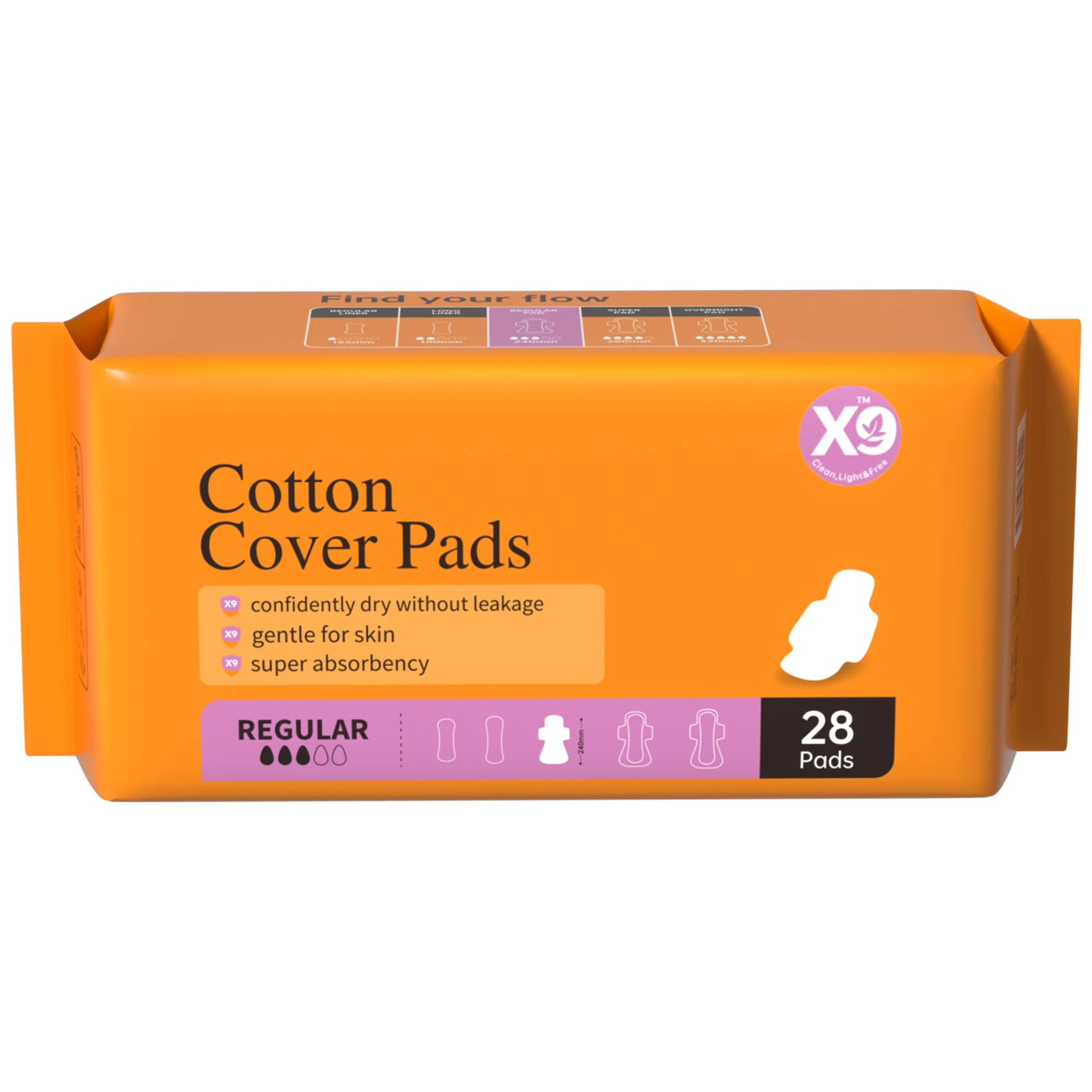 X9 Natural Cotton Cover Sanitary Pads for Women, Ultra Thin Soft Breathable Menstrual Pads, Leakproof Feminine Period Pads, 240mm Daily Use, 280mm Night Use, 320mm Overnight Pads