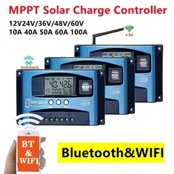 Bluetooth&WIFI MPPT Solar Charge Controller 30A -100A Dual USB LCD Display 12V 24V Solar Cell Panel Charger Regulator with Load