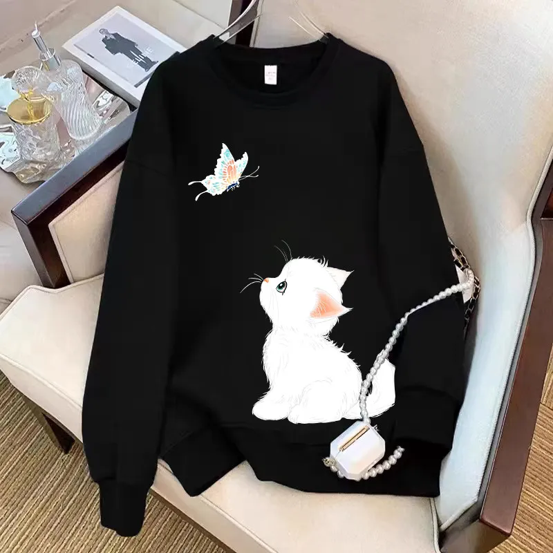 American Trendy Cat Item Printed Casual Round Neck Top Trendy Casual Men's and Women's Spring and Autumn Set Headwash Clothes